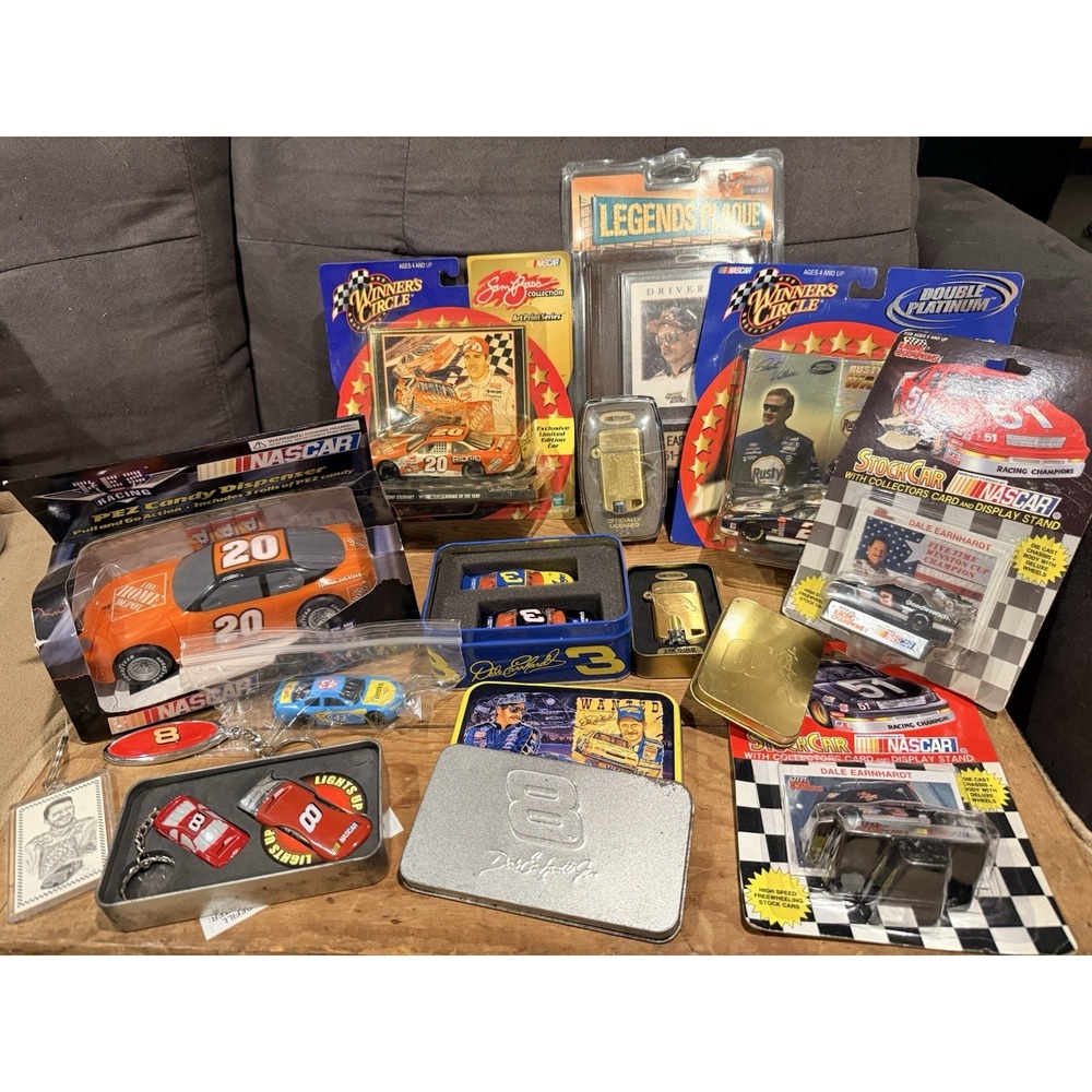 Lot Of Vintage NASCAR Memorabilia Lighters, Cars, Plaque, Pez, Keychains